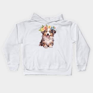 Watercolor Australian Shepherd Dog with Head Wreath Kids Hoodie